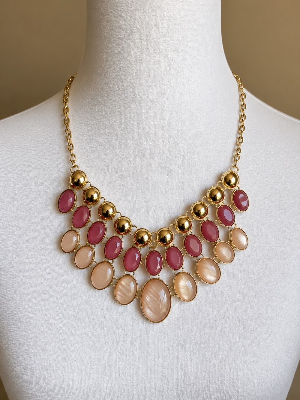 Statement Bib Necklace Pink Blush Cabochon Gold Tone NY Tag